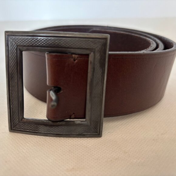 New Ralph Lauren Collection Brown Leather Art Deco Belt SILVER Buckles S - Picture 2 of 6